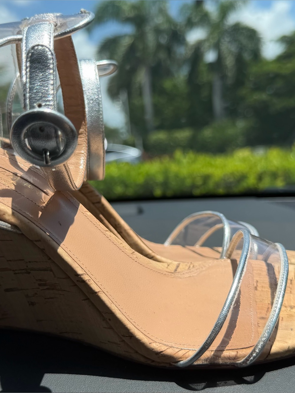 Aquazzura Silver and Nude Cork Wedge Sandals